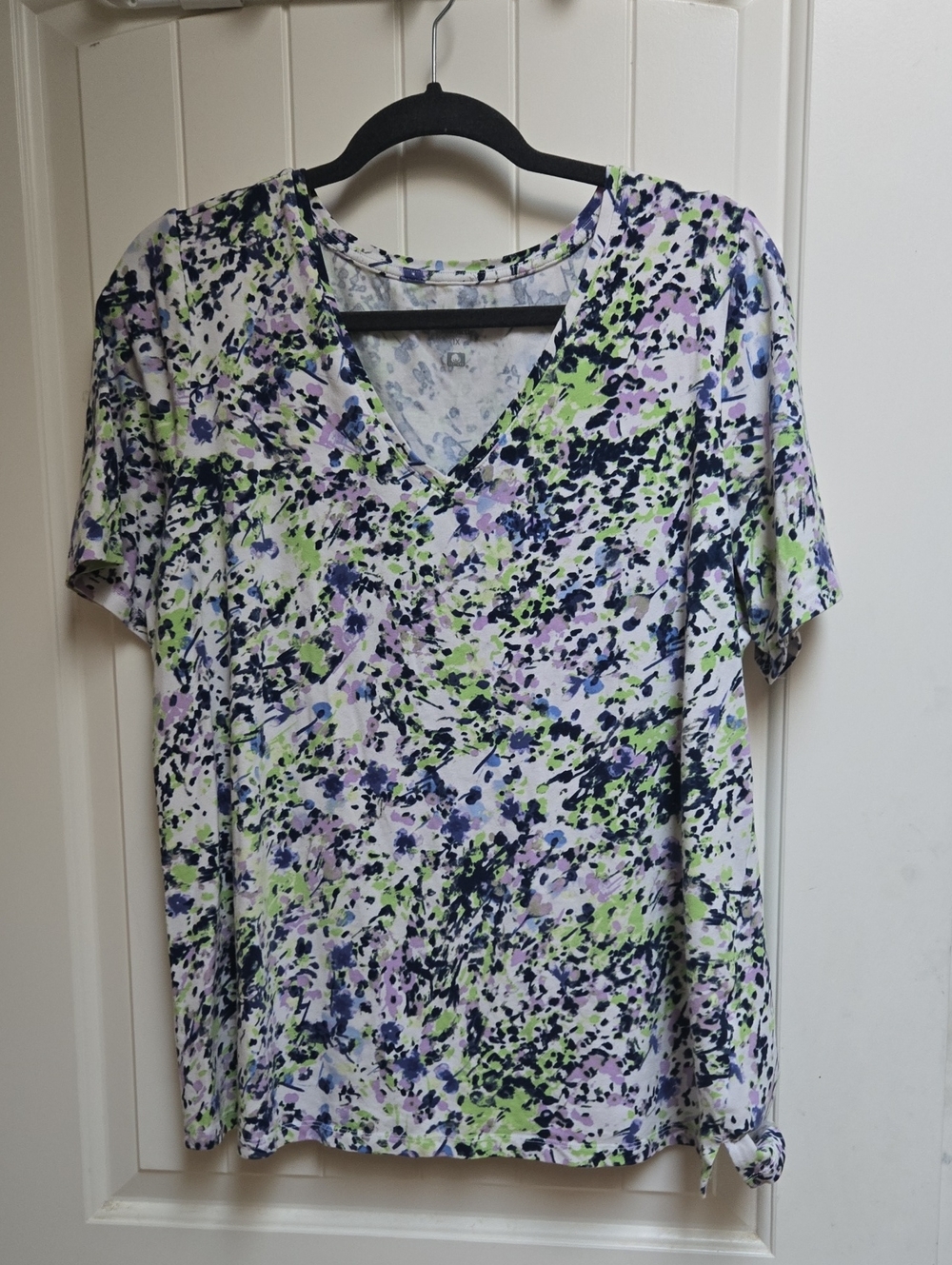 Addition Elle Plus Size Floral Splash V‑Neck Short Sleeve Tee White Purple Green